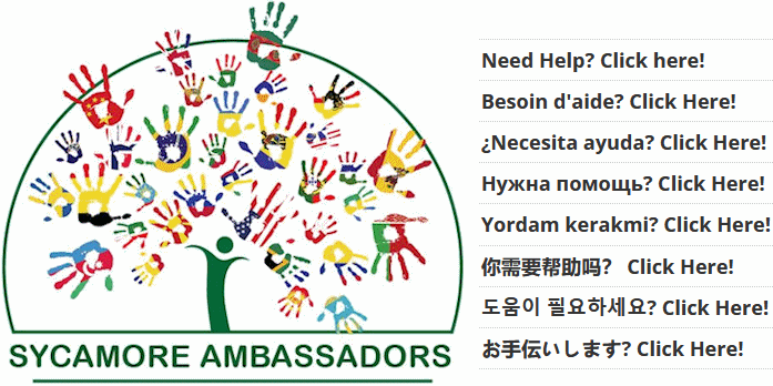 Sycamore Ambassadors link showing a tree whose branches are helping hands with the colors of many international flags. 'Need help?' is written in English, French, Spanish, Russian, Uzbek, Chinese, Korean, and Japanese.